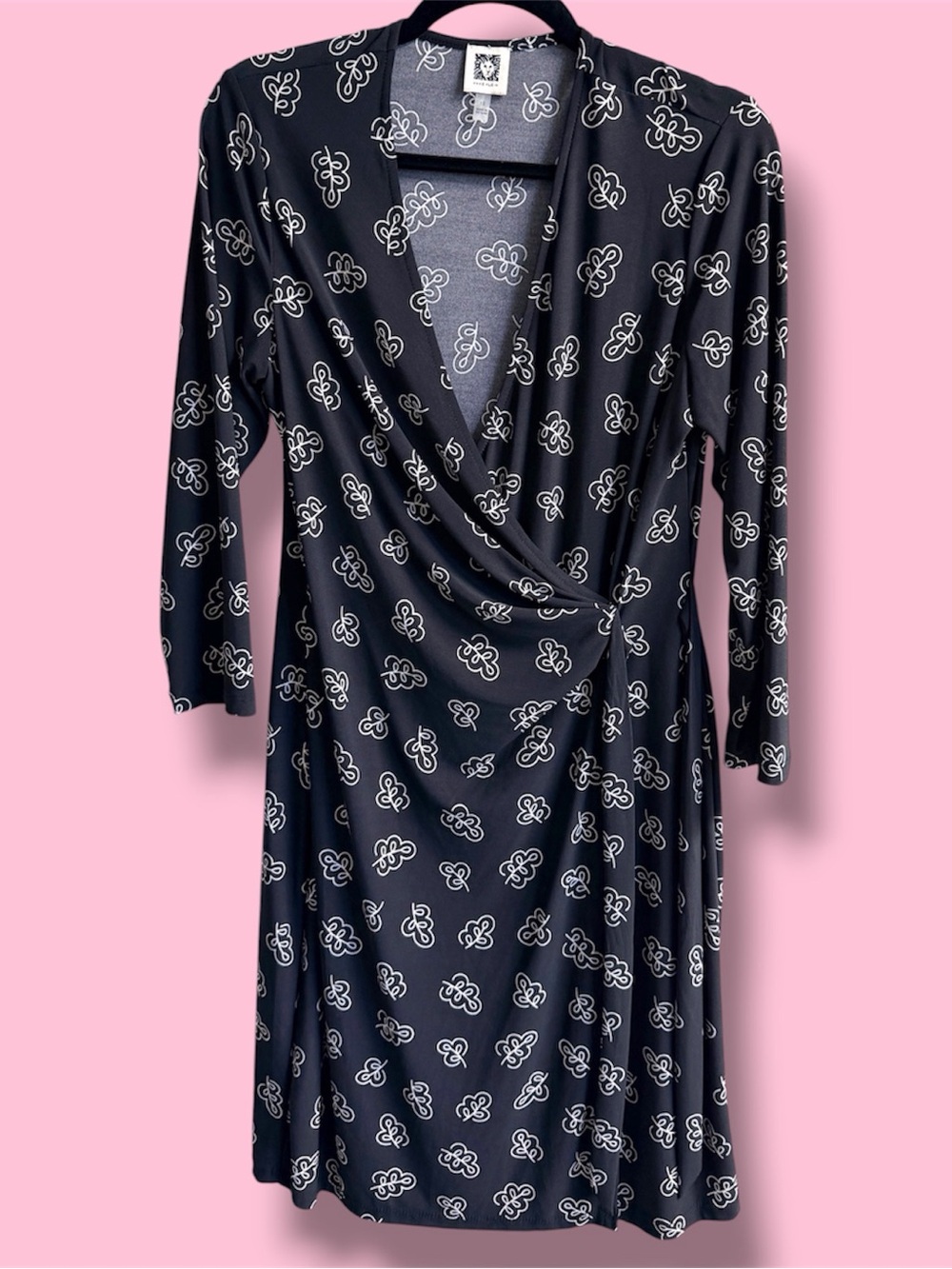 Anne Klein Black Long Sleeve Wrap Dress with White Abstract Print #11